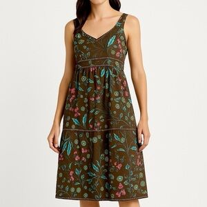 Tiered Dress 100% Cotton Babydoll Empire Yoke Boho Botanical Brown Teal Pink XL